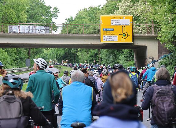 Eine große Gruppe von Radfahrenden fährt auf einer sonst dem Autoverkehr vorbehaltenen Straße.